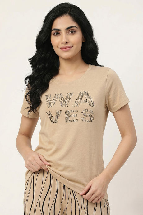 Zivame Wavy Stripes Knit Cotton Pyjama Set - Warm Sand — image 3